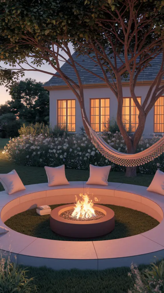 A round outdoor fire pit with burning flames surrounded by a circular seating area with cushions, set in a garden with blooming flowers and a large tree supporting a hammock. In the background, a house with illuminated windows is visible during twilight.