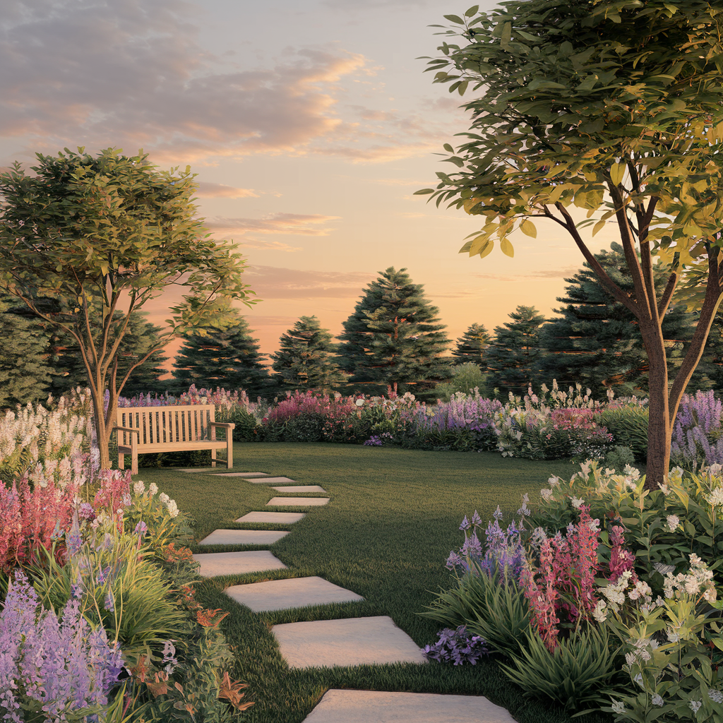A tranquil garden scene at sunset with a pathway of stepping stones leading to a wooden bench surrounded by an array of colorful flowers and trees, against a backdrop of coniferous trees under a softly lit sky.