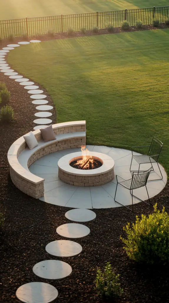 A circular stone fire pit with a burning fire is surrounded by a semi-circular stone wall with two cushions and two black metal chairs in a backyard. A pathway of round stepping stones leads to the fire pit area, which is bordered by grass and a metal fence in the distance.