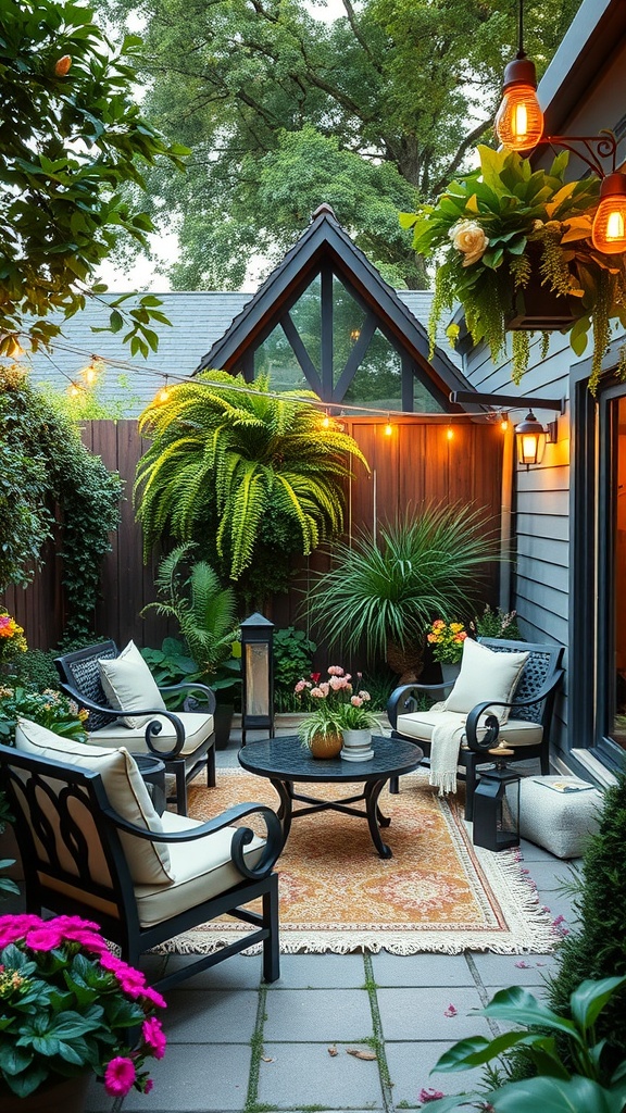 A cozy outdoor patio with cushioned seating arranged around a black metal table, set on a patterned rug. The space is adorned with various potted plants and hanging flowers, with ambient lighting from lanterns and string lights overhead. A triangular window and sloped roof of a nearby building are visible in the background, surrounded by lush greenery.