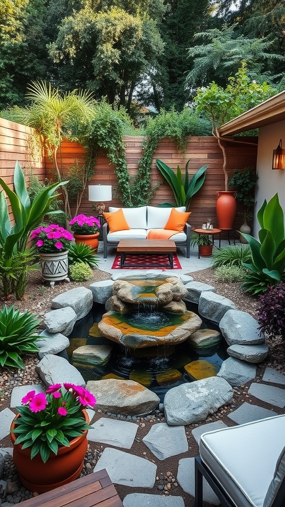 A cozy backyard patio featuring a small pond with cascading rocks in the center, surrounded by lush potted plants and vibrant flowers. A comfortable seating area with a white and orange cushioned sofa is set against a wooden fence adorned with climbing plants.