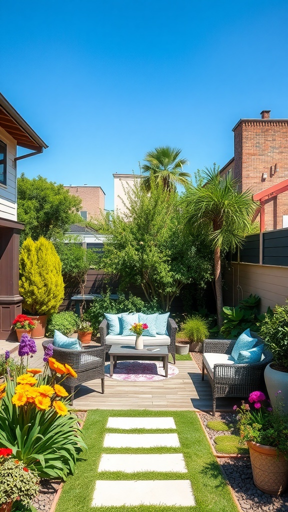 A well-maintained garden with a modern outdoor seating area arranged on a wooden deck surrounded by lush greenery and vibrant flowers. The seating consists of wicker chairs with blue cushions and a small table with a vase of flowers. There is a pathway of rectangular stepping stones leading to the seating area, set against a clear blue sky backdrop.