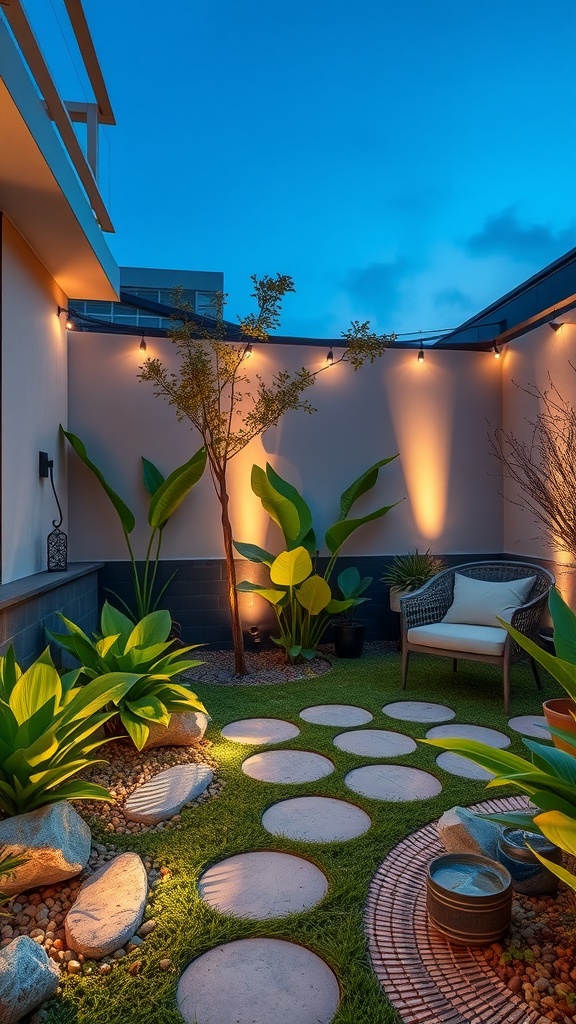 A serene outdoor patio at dusk, featuring circular stone pavers on a grassy surface, lush plants, and a cozy armchair. Soft lighting illuminates the scene, creating a tranquil atmosphere with a modern touch.