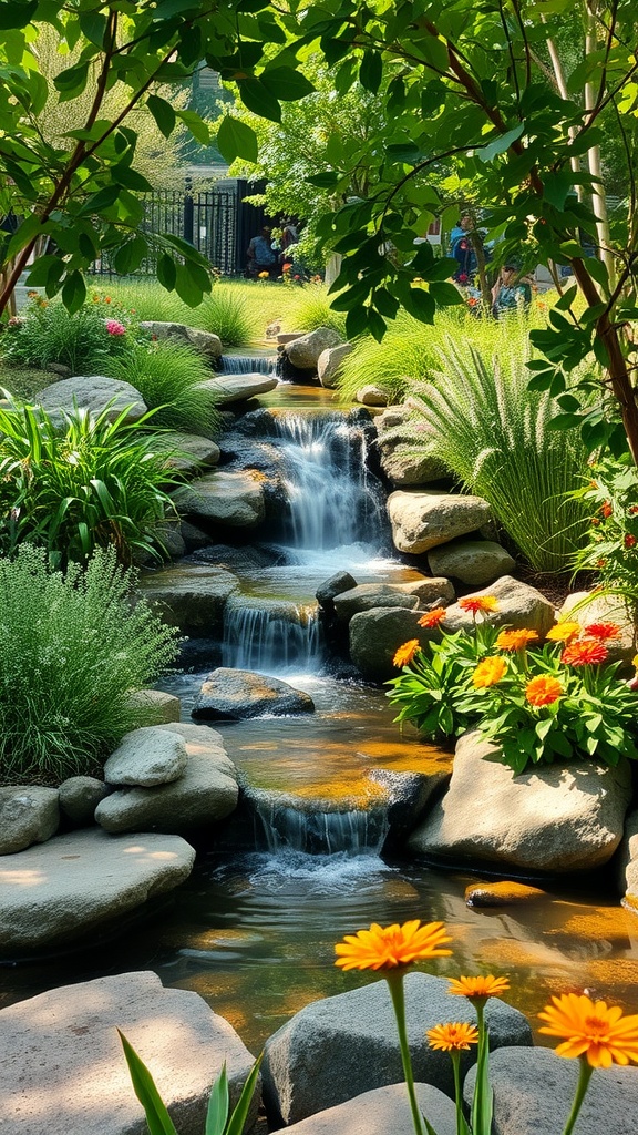 A serene garden scene featuring a small waterfall cascading over smooth stones, surrounded by lush green plants and vibrant orange and yellow flowers.