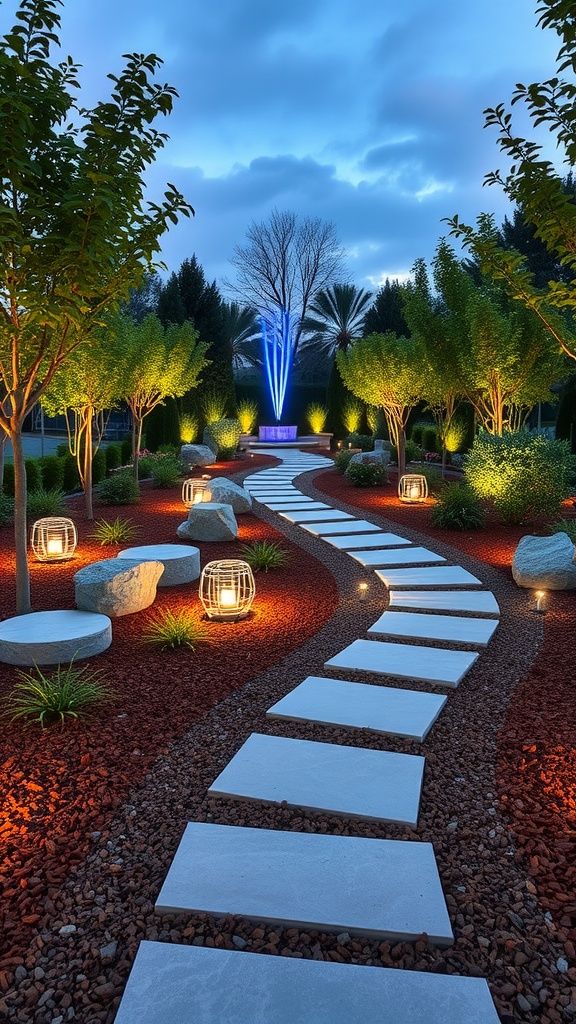 A landscaped garden path with white stepping stones, surrounded by illuminated trees and decorative lanterns, leading to a focal point with blue lighting against a twilight sky.