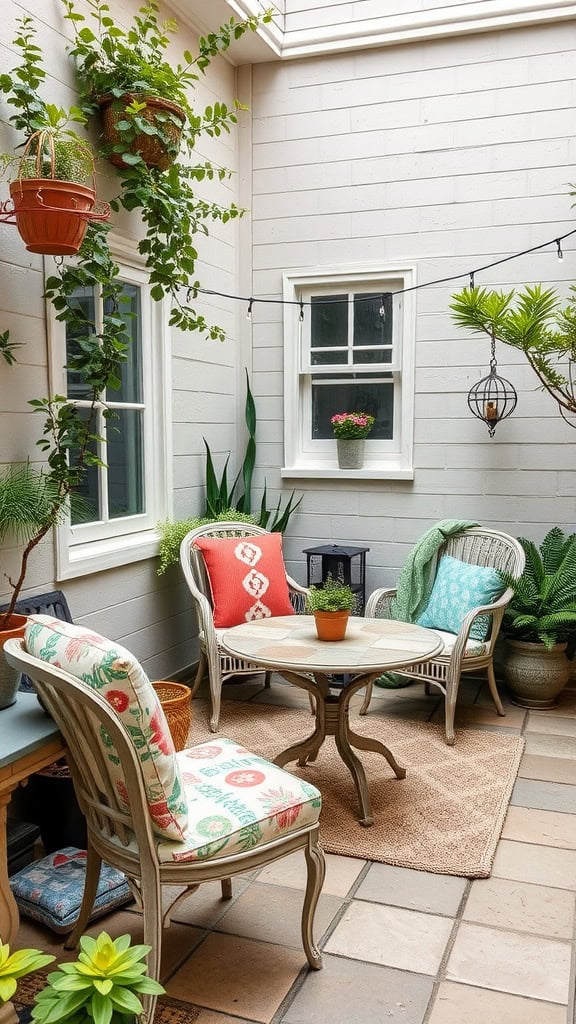A cozy outdoor patio featuring two cushioned chairs and a round table on a rug, surrounded by potted plants and a hanging lantern, with a backdrop of light-colored siding and windows.