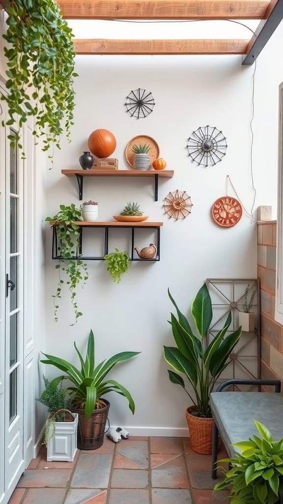 A cozy indoor patio with terracotta tile flooring, decorated with various green potted plants. Two wooden shelves on the wall display small succulents and decorative items. The wall is adorned with round metal art pieces and a hanging basket. A gray bench is placed in the corner, next to a larger potted plant.