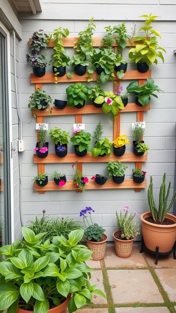 A vertical garden with various plants in small black pots mounted on a wooden trellis against a gray wall, surrounded by additional potted plants on the ground, including leafy green plants and a tall cactus.