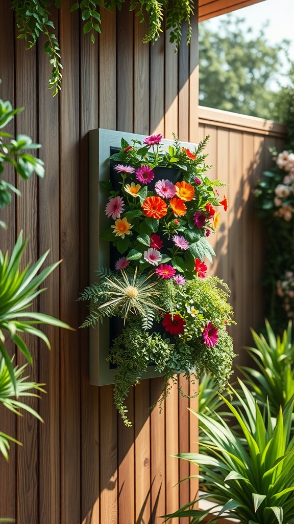 A vertical garden with an assortment of colorful flowers and green plants is mounted on a wooden wall, surrounded by lush greenery in a sunlit outdoor setting.