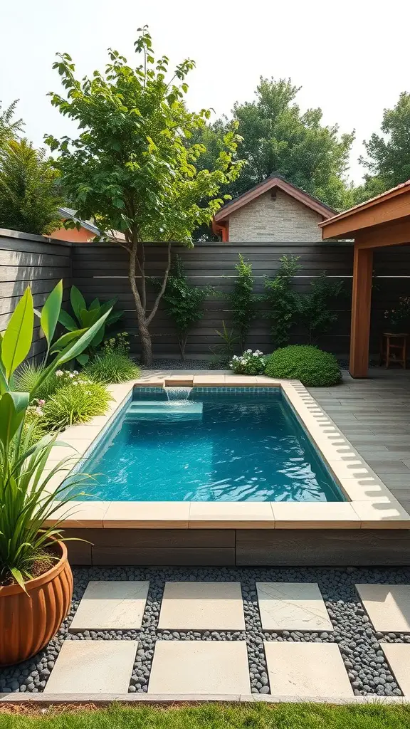 A small, modern swimming pool in a backyard surrounded by a wooden fence, with lush green plants and trees. The area features a tiled patio and a large plant in a decorative pot nearby.