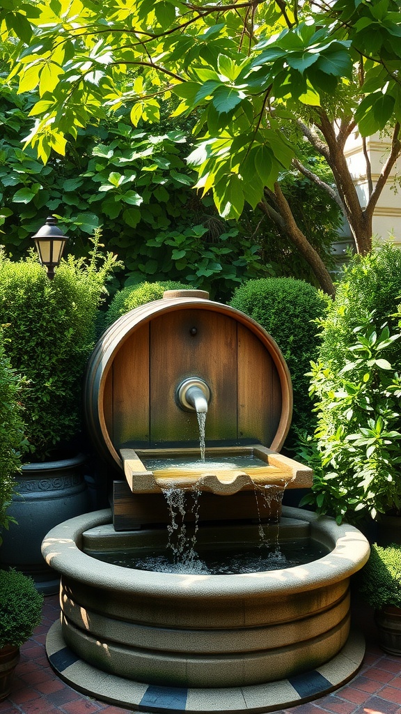 A garden fountain designed like a wooden barrel with water flowing from a spout, surrounded by lush green bushes and a tree providing shade.