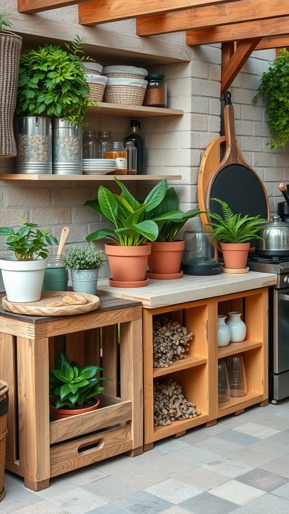 A cozy kitchen corner with wooden shelves and countertops adorned with potted plants, jars, and kitchen utensils, set against a brick wall background.