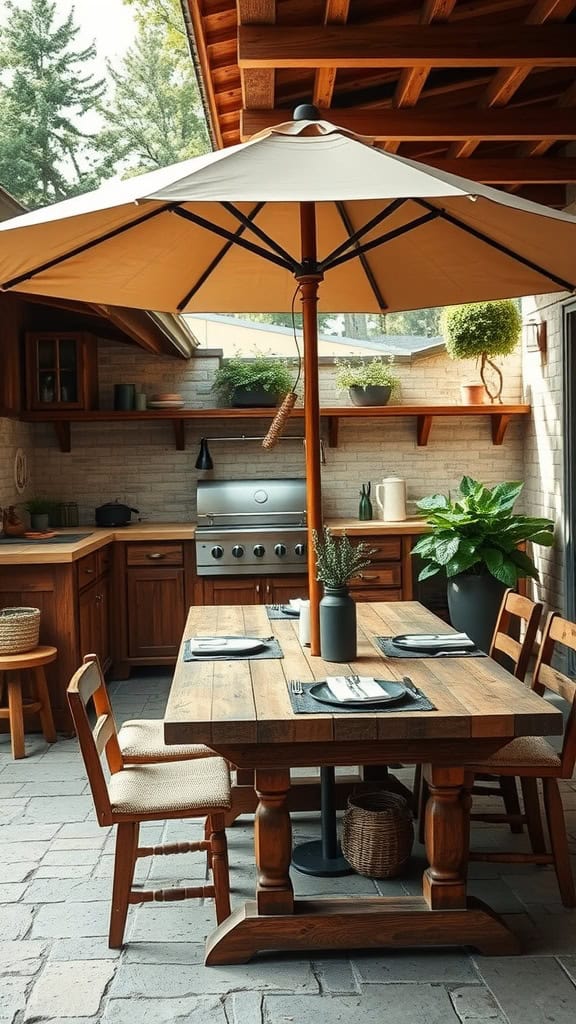 Outdoor kitchen and dining area with a wooden table set under a large patio umbrella, surrounded by wooden chairs, a barbecue grill, and potted plants on a stone floor.