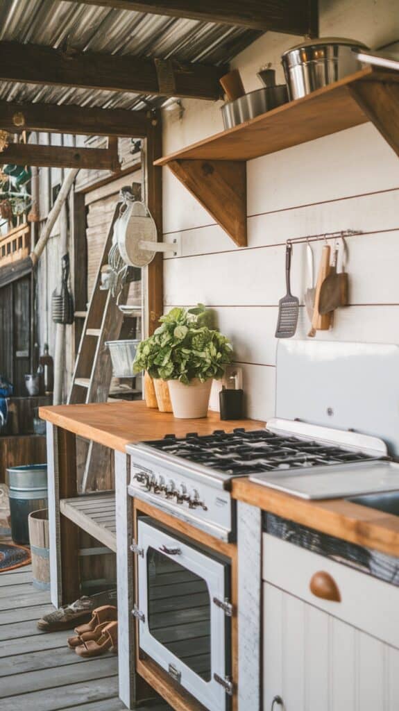 A rustic outdoor kitchen with a white gas stove and oven, wooden countertops, and a pot of green herbs. There are utensils hanging on the wall, and various kitchen tools on open shelves above. Wooden flooring and a ladder are visible in the background.