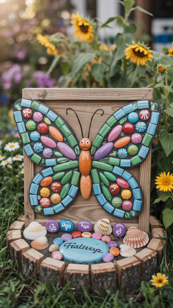 A colorful butterfly mosaic art piece on a wooden plaque, surrounded by seashells and small decorative stones with writing, set against a background of sunflowers and lush garden greenery under soft sunlight.