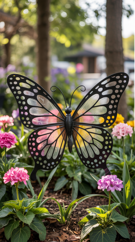A decorative metal butterfly with vibrant, multi-colored wings, surrounded by pink and purple flowers in a garden setting.