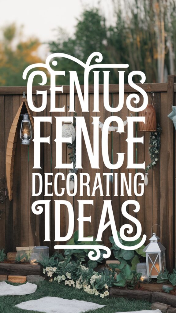 A wooden fence decorated with lanterns, plants, and text overlay that reads "Genius Fence Decorating Ideas."