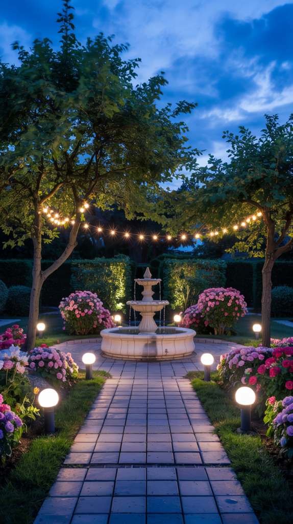 A serene garden scene at dusk with a path leading to a three-tiered stone fountain, surrounded by blooming hydrangeas and illuminated by spherical garden lights and string lights hanging between trees.