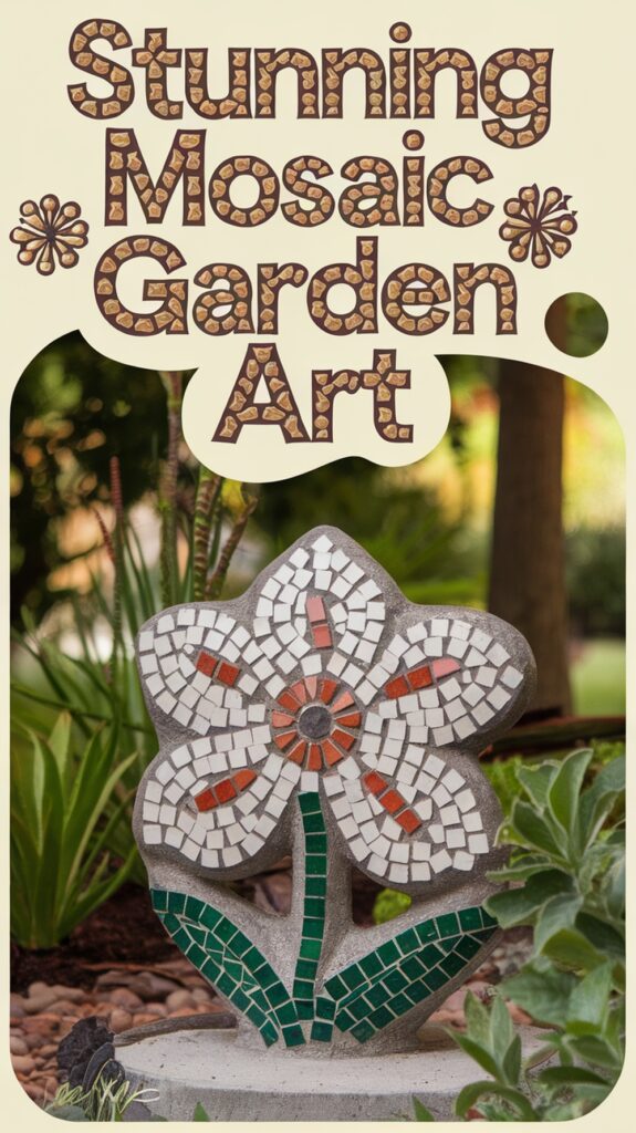 A garden displaying a flower-shaped mosaic artwork with white, red, and green tiles, surrounded by plants; text at the top reads "Stunning Mosaic Garden Art."