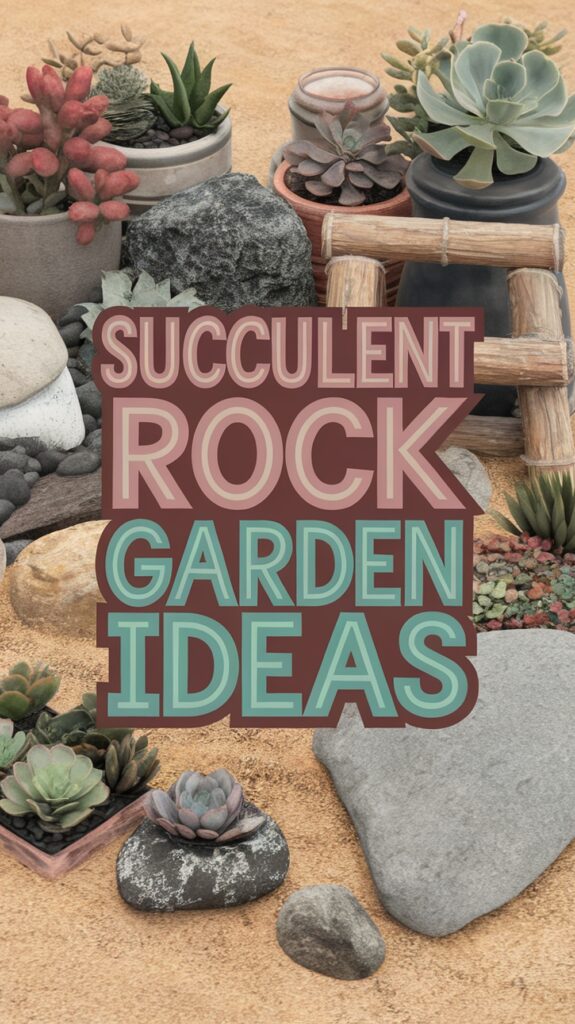 A collection of potted succulents and rocks arranged on a sandy surface with the text "Succulent Rock Garden Ideas" displayed prominently.