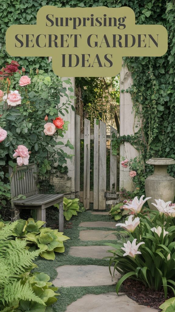 A charming garden path with stone steps leads to a wooden gate, surrounded by lush greenery, blooming roses, ferns, and lilies. The image is overlaid with the text 'Surprising Secret Garden Ideas.'