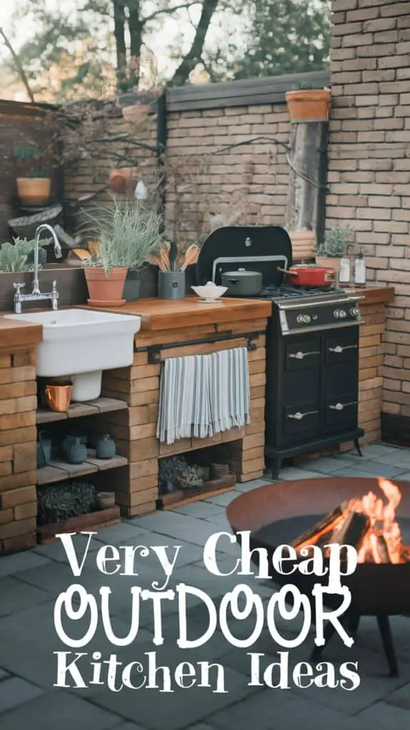 Outdoor kitchen with brick and wood counters, a sink, and a grill, surrounded by potted plants, with a fire pit in the foreground and text reading 'Very Cheap Outdoor Kitchen Ideas.'
