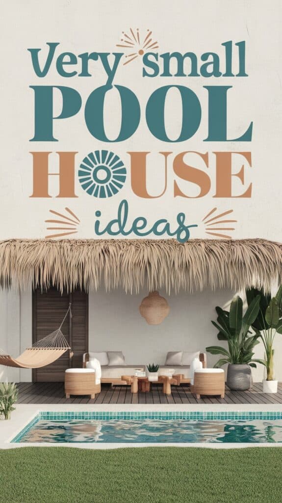 A decorative sign reading "Very small pool house ideas" is displayed above an outdoor setup featuring a small pool, a hammock, a patio with seating, and potted plants under a thatched roof.