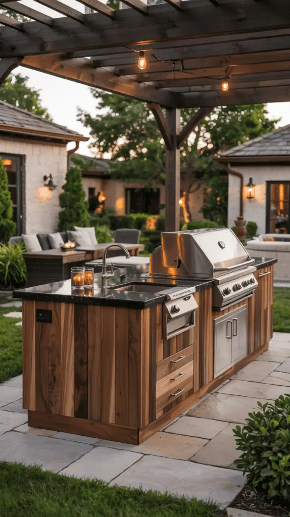 A stylish outdoor kitchen featuring a wood-paneled island with a stainless steel grill, sink, and storage, situated under a pergola with string lights, surrounded by a well-manicured garden and patio seating.