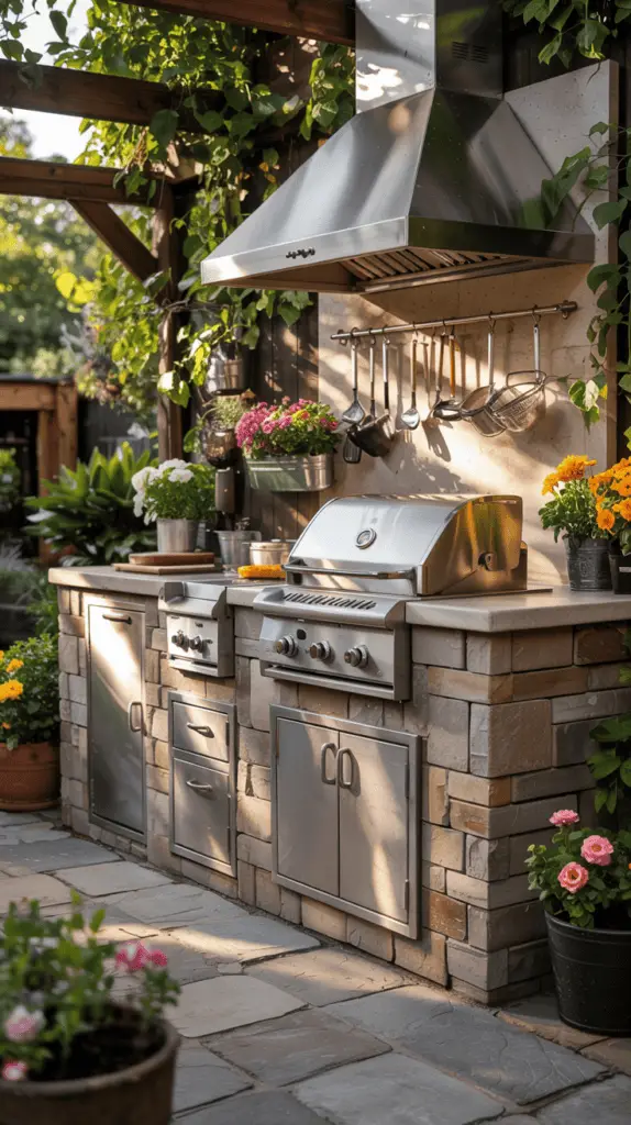 A modern outdoor kitchen with a stone countertop featuring a stainless steel grill and appliances. The area is adorned with colorful potted flowers and greenery, set against a backdrop of hanging utensils and a stainless steel range hood.
