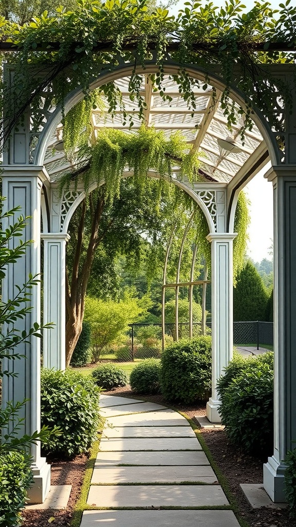 A garden pathway lined with neatly trimmed bushes, leading through a decorative white pergola adorned with hanging green vines.