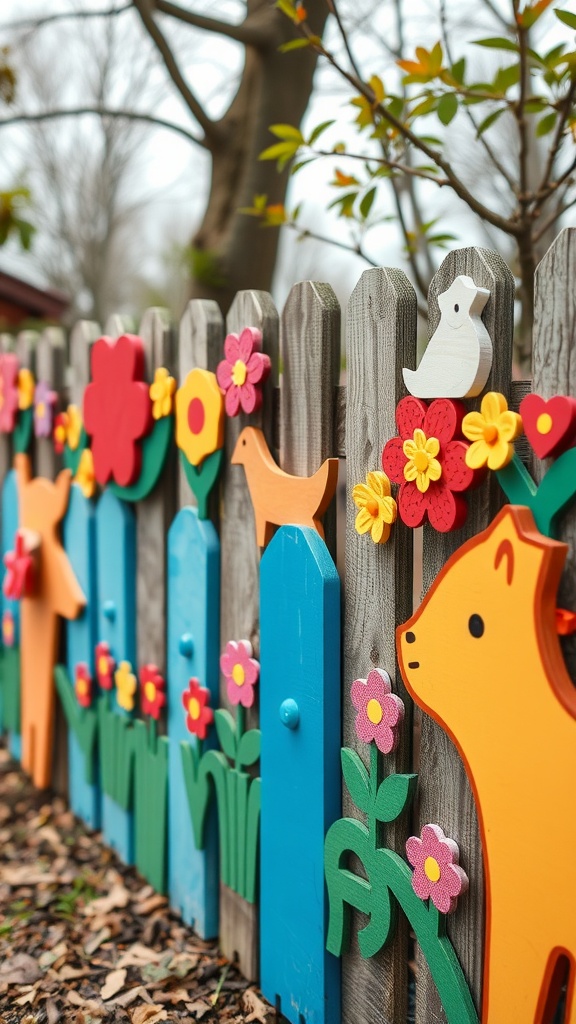 A colorful wooden fence decorated with cutouts of flowers, animals like a bird and a fox, and foliage, creating a whimsical garden scene.