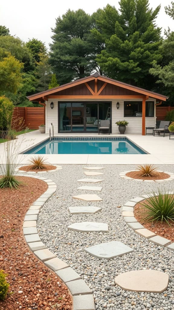 A backyard scene with a wooden pathway leading to a swimming pool, and a small house with a sloped roof in the background surrounded by trees and greenery.