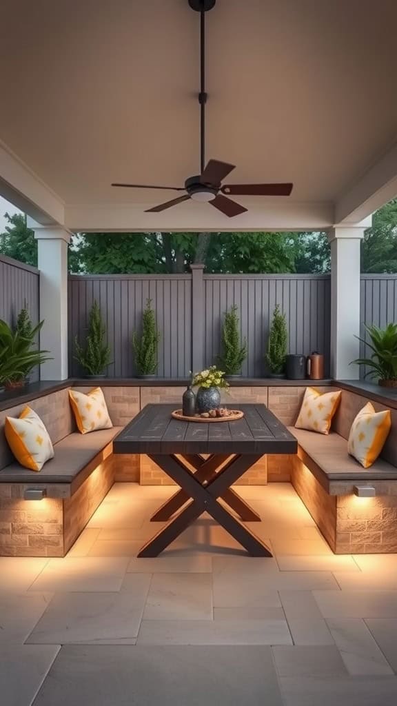 Outdoor patio with a wooden table and built-in corner seating, featuring soft cushions and ambient lighting underneath. The space is covered with a ceiling fan overhead and surrounded by privacy fencing with tall plants.