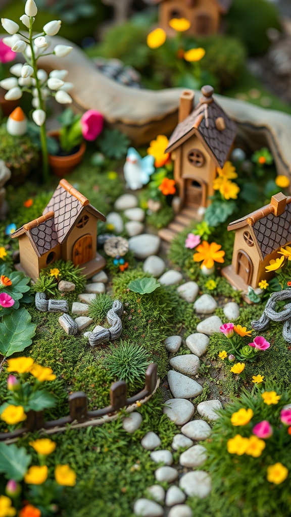 A miniature fairy garden with tiny wooden houses, a stone path, colorful flowers, and lush greenery, surrounded by a wooden fence.