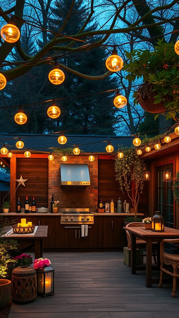 A cozy outdoor kitchen and dining area at dusk, featuring a grill, wooden cabinets, and a round table with chairs. Warm string lights are hung overhead, providing soft illumination. The setup is complemented by potted plants, lanterns, and various bottles on the counter for a welcoming ambiance.