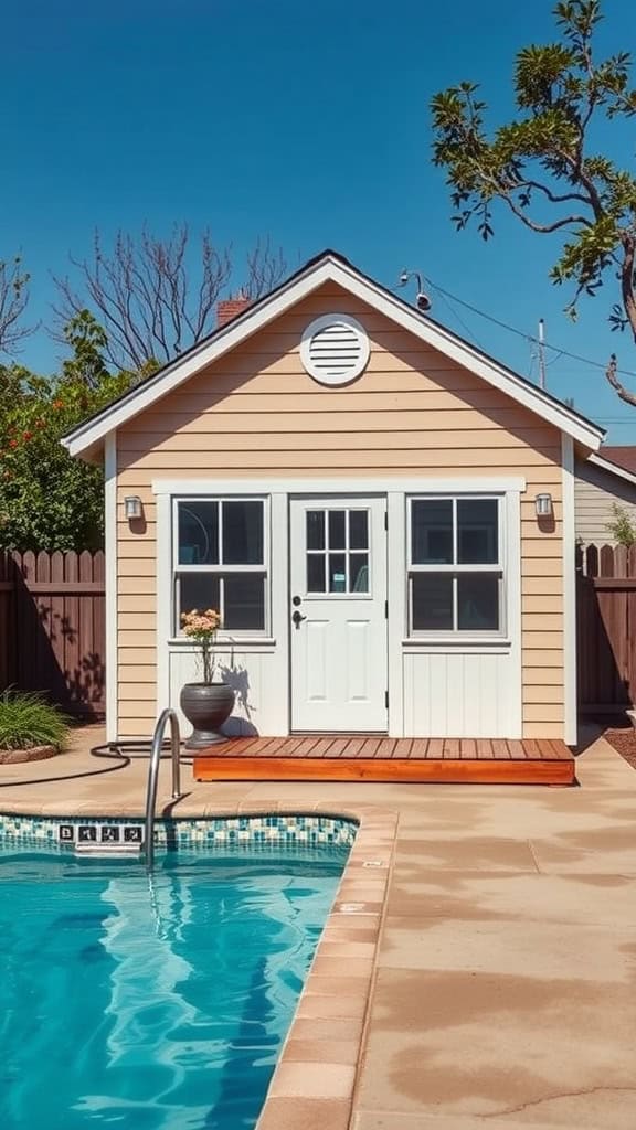A small beige pool house with white trim and a gabled roof, situated next to a swimming pool under a clear blue sky. The pool house has a double door with glass panes and a small wooden deck in front, adorned with a potted plant. The pool features a tiled edge and a metal handrail.