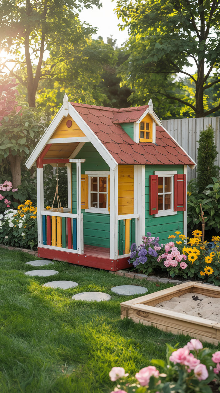 A colorful wooden playhouse with a red shingled roof stands in a garden surrounded by vibrant flowers and trees, with sunlight filtering through the leaves.