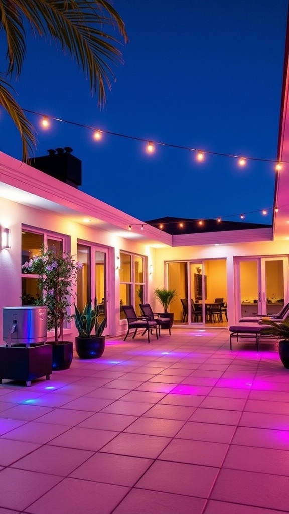 A modern patio at night with string lights hanging above, colorful LED lights on the ground, and seating areas surrounded by potted plants against a backdrop of glass doors and lit interior.