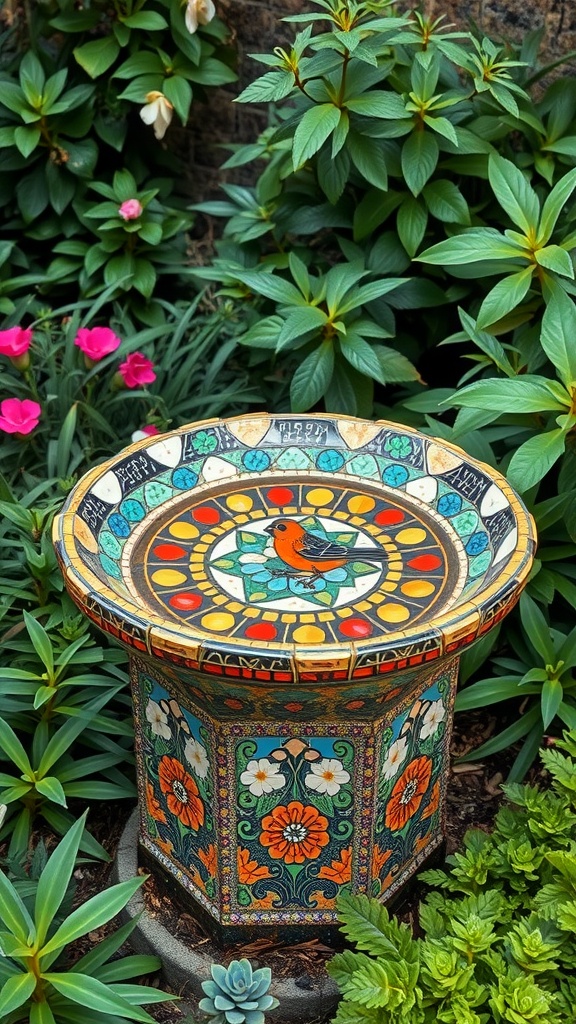 A colorful mosaic birdbath in a garden, featuring a vibrant bird design on top surrounded by intricate floral patterns, with lush green plants and pink flowers in the background.