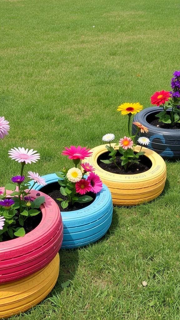 Brightly colored tires used as planters for vibrant flowers arranged in a row on green grass.