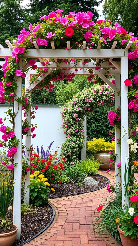 A garden with a white wooden pergola covered in bright pink flowers, surrounded by a variety of colorful blooms and lush greenery along a brick pathway.