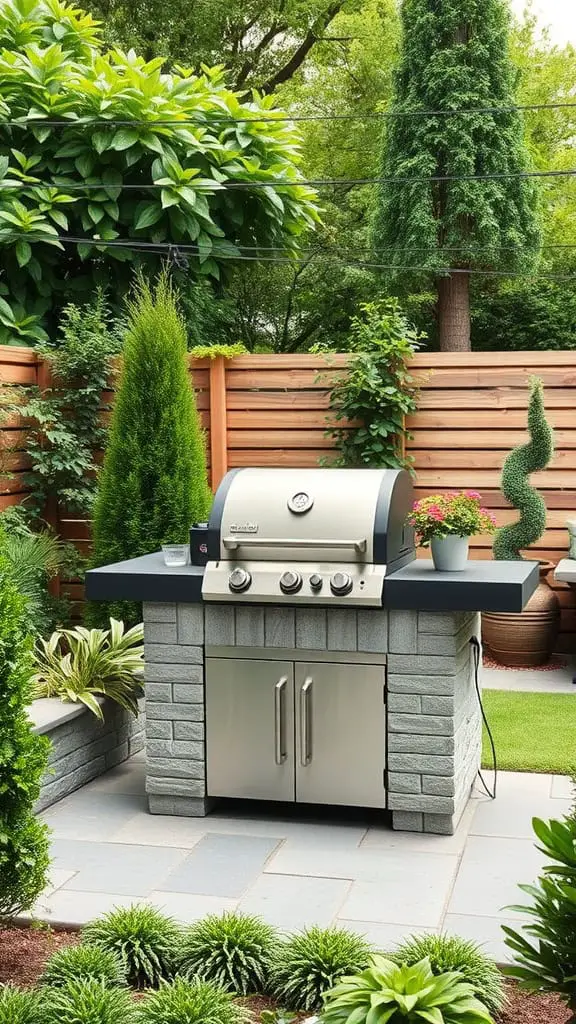 A stainless steel outdoor grill with multiple burners is set on a stone base in a landscaped yard, surrounded by green plants and a wooden privacy fence.