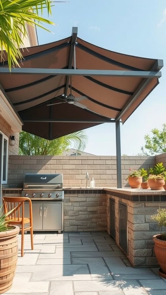 Outdoor patio with a barbecue grill, stone countertop, and a fan under a metal canopy, surrounded by a brick wall and various potted plants.