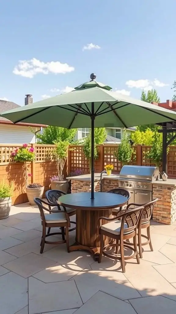 A patio setup with a large green umbrella shading a round wooden table surrounded by four chairs. There is a stainless steel outdoor grill on a stone counter in the background, bordered by a wooden fence with potted plants and greenery.