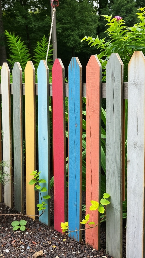 A colorful wooden fence with alternating planks painted yellow, blue, red, and orange, surrounded by green plants and vines climbing on it.