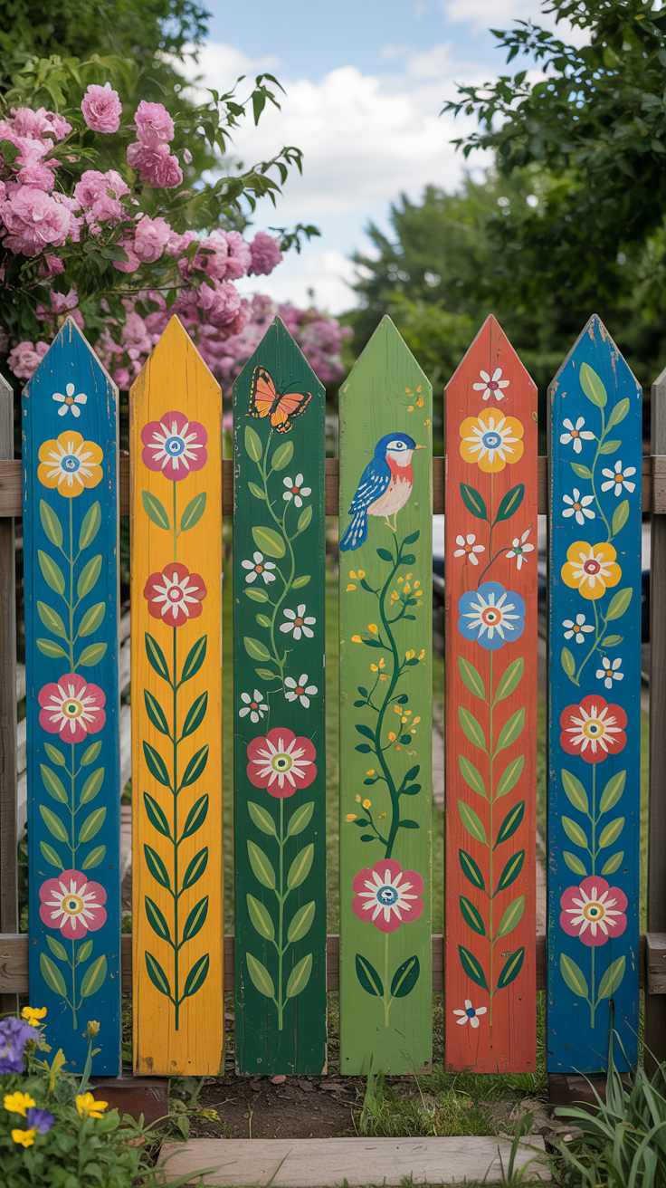 A colorful painted fence with each slat featuring a floral and nature-themed design. The designs include flowers, leaves, a butterfly, and a bird against a backdrop of vibrant blue, yellow, green, and red colors. Pink flowers and green foliage frame the fence on the left side.