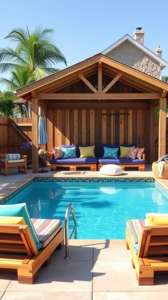 A backyard swimming pool with two wooden lounge chairs adorned with colorful striped cushions at the forefront. Behind the pool, a wooden cabana with a pitched roof contains a sofa with vibrant pillows. Palm trees and a tall wooden fence surround the area, and the sky is clear and blue.