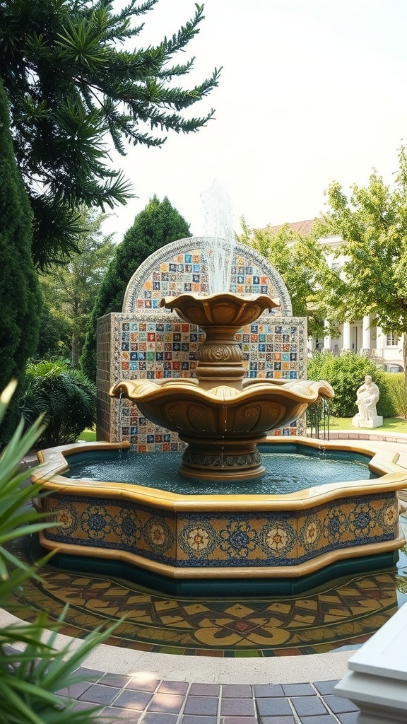 Ornate tiered fountain with decorative tiles, surrounded by greenery and a statue in the background.