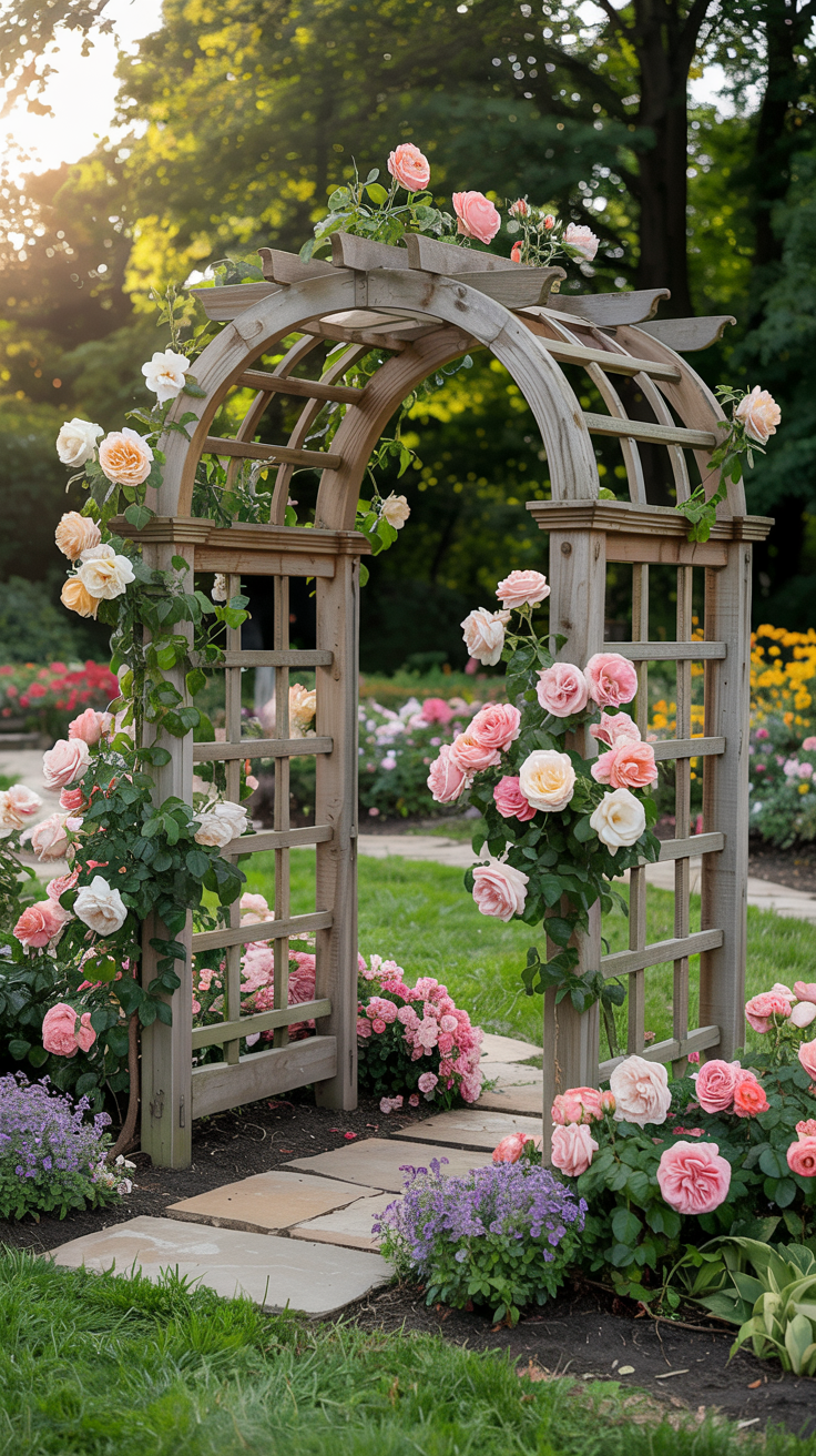A wooden garden arbor adorned with blooming pink and white roses, surrounded by lush greenery and colorful flowers in a sunlit garden.