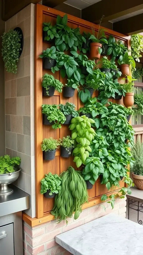 A vertical garden mounted on a wooden frame featuring various lush green plants in pots, integrated into a tiled outdoor kitchen area with a countertop.